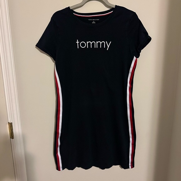 Tommy Hilfiger T Shirt dress navy blue red and white stripes on side - Picture 1 of 7